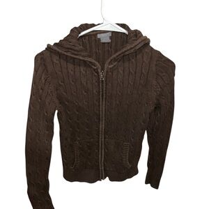 Brown Cable Knit Zip-Up Hoodie